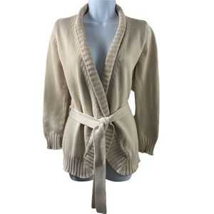Zara Beige Knit Open Front Belted Womens Cardigan Cotton Sz M